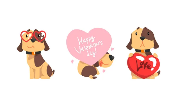 有趣的杰克罗素Terrier狗与红色情人节心脏向量集 — 图库矢量图片