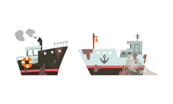 Vissersvaartuig of -boot met net en stoomtrechter voor het vangen van vis in de zeevectorverzameling — Stockvector