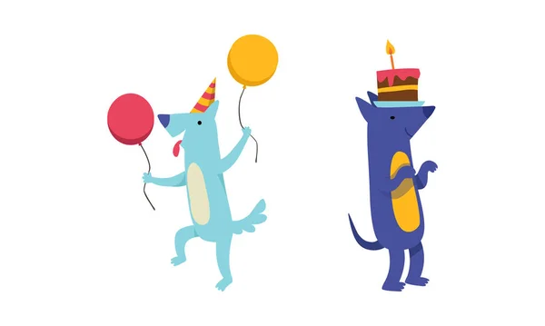 Carino Doggy Character nel cappello di compleanno che celebra il set vettoriale delle vacanze — Vettoriale Stock