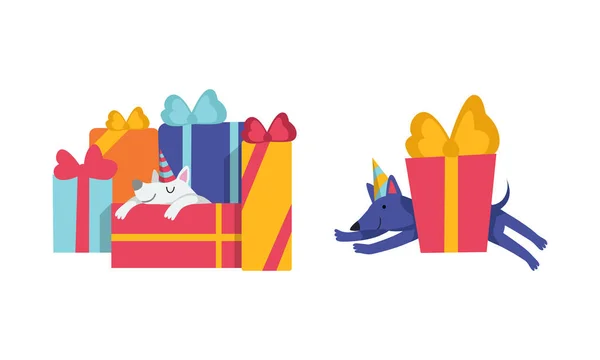 誕生日の帽子でかわいい犬のキャラクター休日ベクトルセットを祝う — ストックベクタ