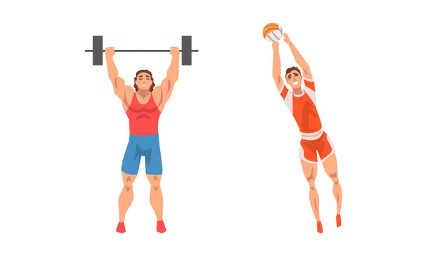 Musclé homme personnage levage lourd haltère et jeu de volley-ball ensemble vectoriel — Image vectorielle