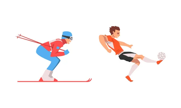 Uomo personaggio Sciare e giocare a calcio con gli stivali Vector Set — Vettoriale Stock