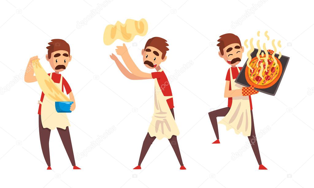 Moustached Male Pizza Maker in Apron Preparing Italian Pizza Kneading and Tossing Dough Vector Set