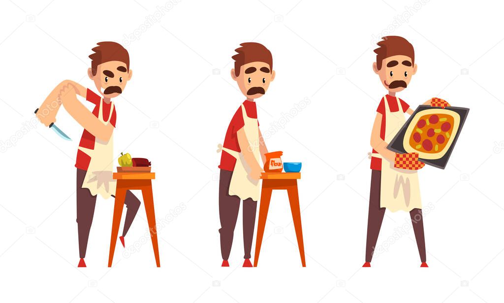Moustached Male Pizza Maker in Apron Preparing Italian Pizza Kneading Dough and Cutting Ingredients Vector Set