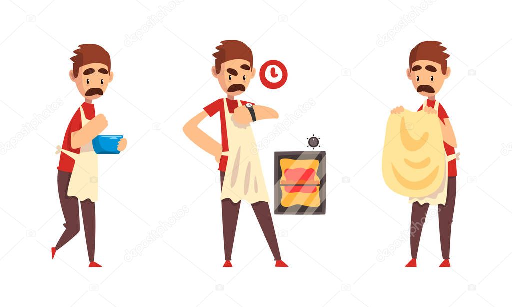 Moustached Male Pizza Maker in Apron Preparing Italian Pizza Kneading and Forming Dough Vector Set