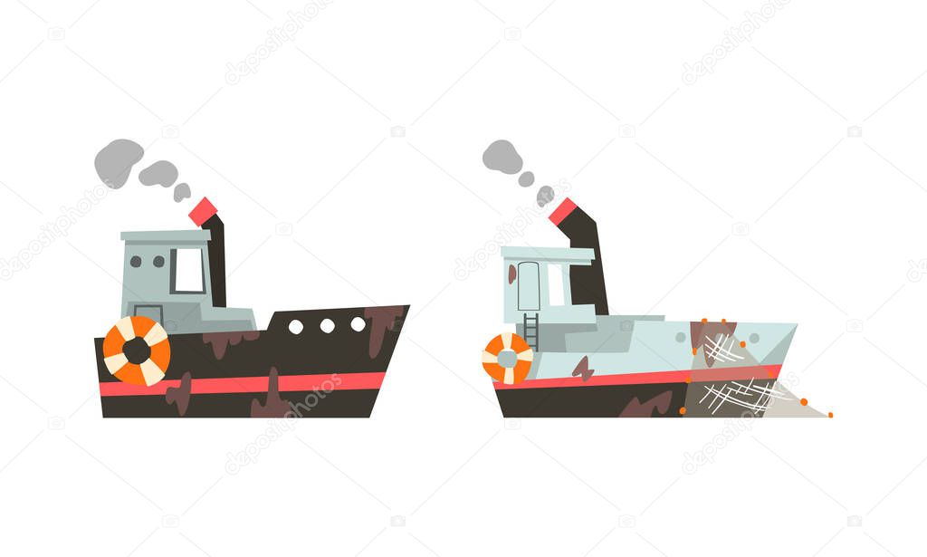 Fishing Vessel or Boat with Net and Steaming Funnel for Catching Fish in the Sea Vector Set
