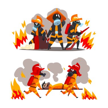Firefighter in Uniform and Protective Helmet Extinguishing Hazardous Fire with Hose Vector Set clipart