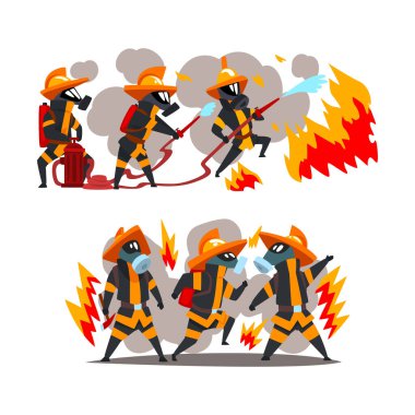 Firefighter in Uniform and Protective Helmet Extinguishing Hazardous Fire with Hose Vector Set clipart