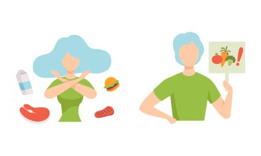 Sağlıklı vejetaryen yiyecekleri olan genç bir erkek ve kadın Aydınlık ve Enerji Vektörü