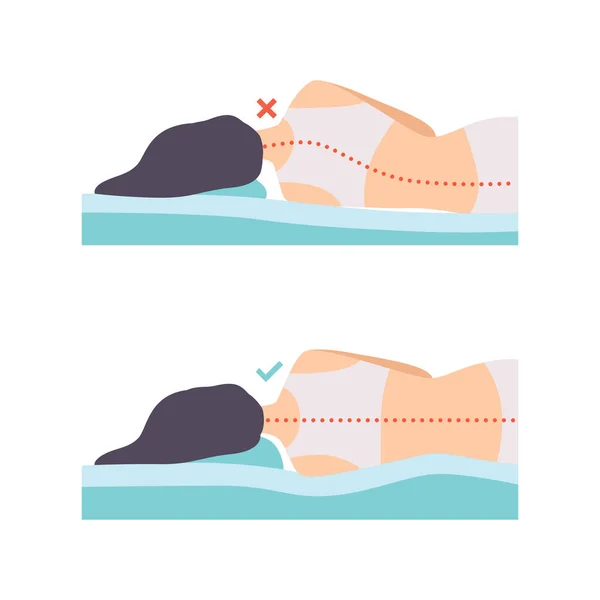 Femme couchée dans la posture de sommeil correcte et incorrecte pour le cou et la colonne vertébrale ensemble vecteur — Image vectorielle