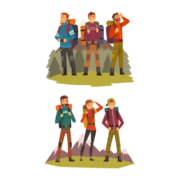 Young People Character with Backpack Hiking in the Mountains Vector Set — Stock Vector