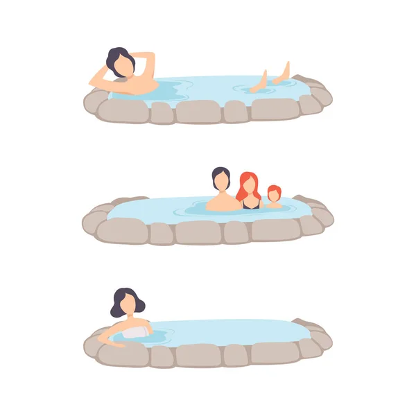 People Characters Enjoying Outdoor Thermal Spring Relaxing in Hot Water Vector Set — Stock Vector