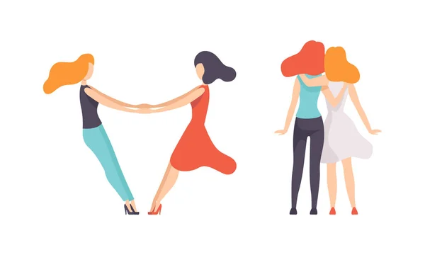 女性朋友共度时光拥抱和牵手向量集 — 图库矢量图片