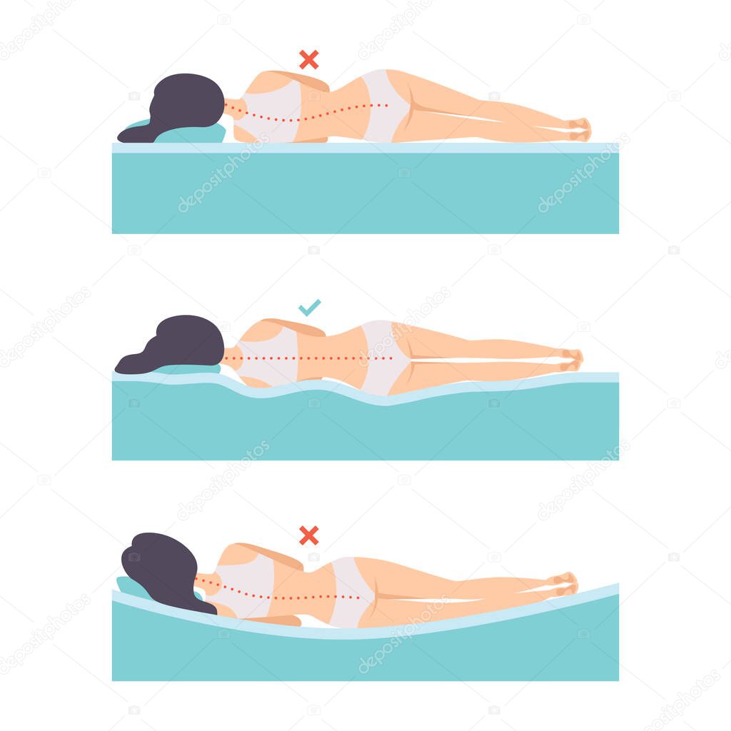 Woman Lying in Correct and Incorrect Sleeping Pose for Neck and Spine Vector Set