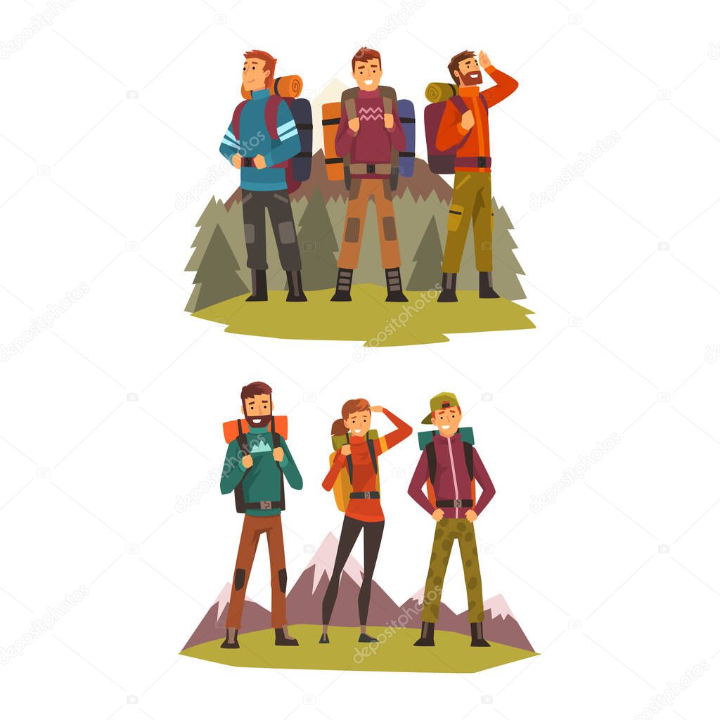 Young People Character with Backpack Hiking in the Mountains Vector Set