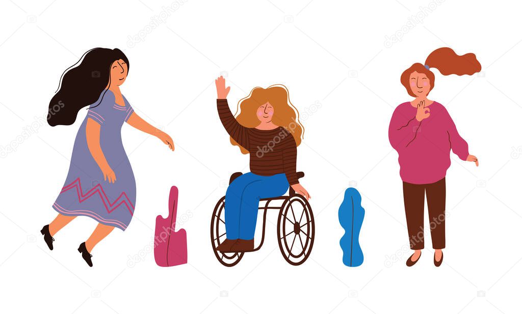 Diverse Woman Walking and Raising Hand Showing Self Confidence Vector Set