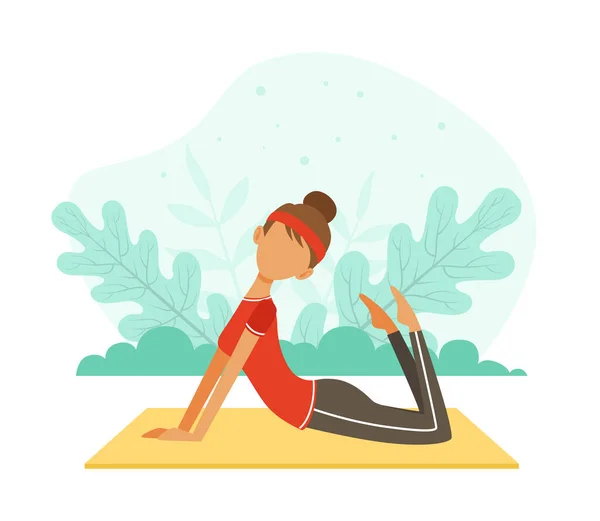 Young Woman Character with Headband and Sportswear Doing Yoga on Mat Vector Illustration — Stock Vector