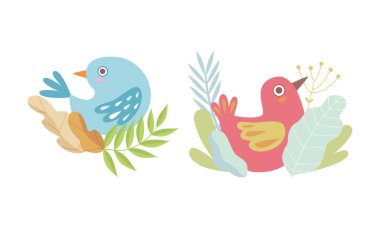 Cute Birdie Sitting in Nest of Floral Twigs Vector Set clipart