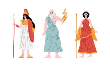 Zeus Holding Lightning Bolt ile Antik Yunan Tanrısı ve Kalkan ve Mızrak Vektörü Seti ile Athena