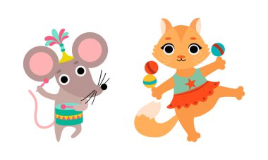 Circus Mouse and Cat Animal Performing Trick Playing Drum and Juggling Balls Vector Set clipart