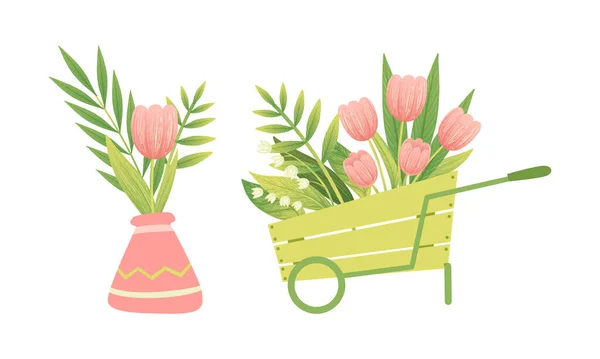 Tavaszi virágzó rózsaszín tulipán és Lily a völgy Virág Csokor Vektor készlet — Stock Vector