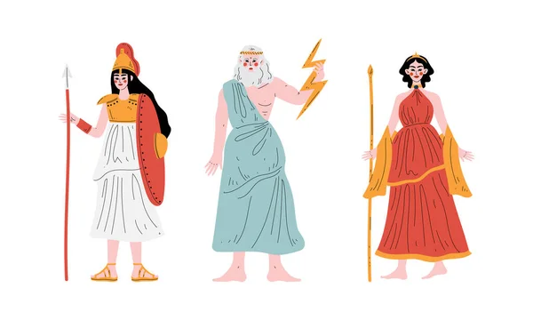 Ancient Greek God with Zeus Holding Lightning Bolt and Athena with Shield and Spear Vector Set — Stock Vector
