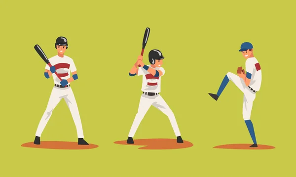 Yeşil Spor Sahasında Beyzbol Oynayan Yarasa ve Top Oyunu Vektörü — Stok Vektör