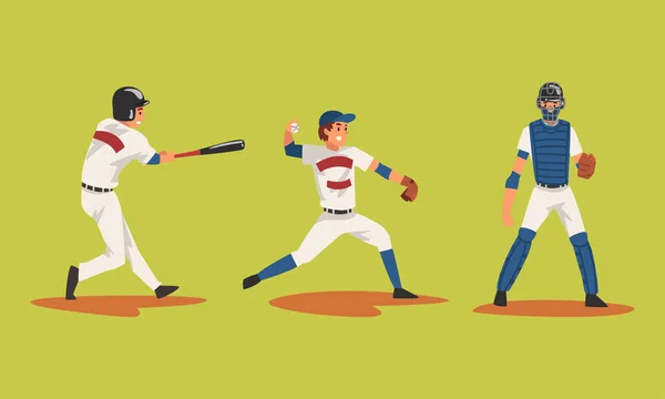 Baseball Gracz na Green Sport Field Gra Bat-and-ball Game Vector zestaw — Wektor stockowy