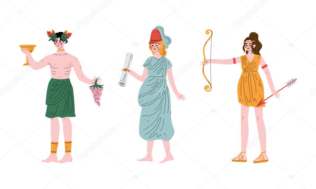 Ancient Greek God with Dionysus Holding Drinking Cup and Grape Vine and Artemis with Hunting Bow and Arrow Vector Set