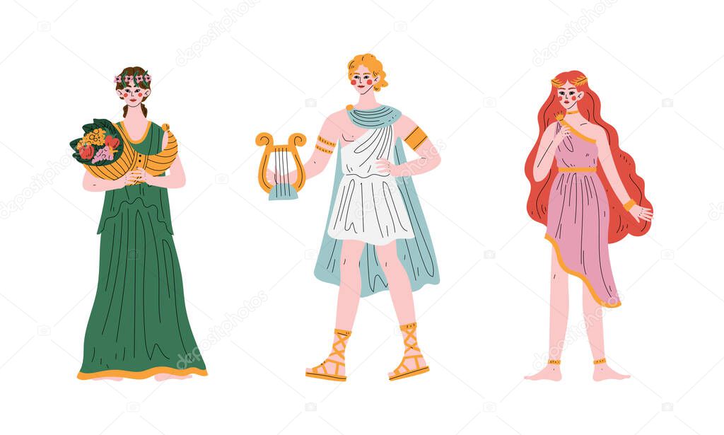 Ancient Greek God with Apollo Holding Lyre and Demeter Vector Set