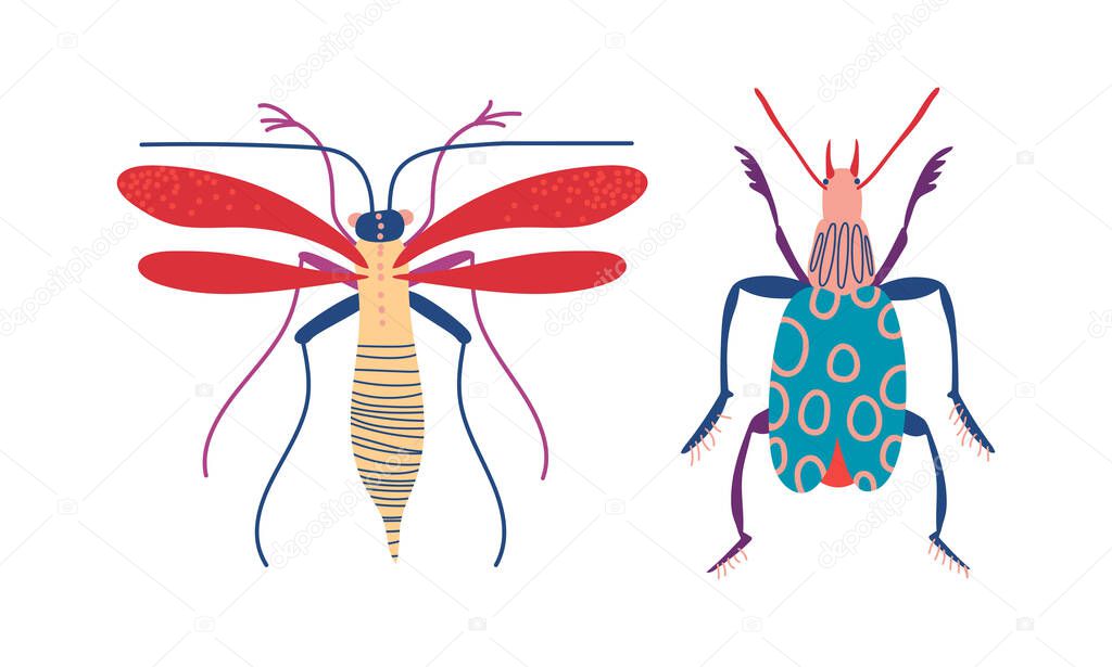 Insects as Hexapod Flying Creature with Jointed Legs and Pair of Antennae Vector Set