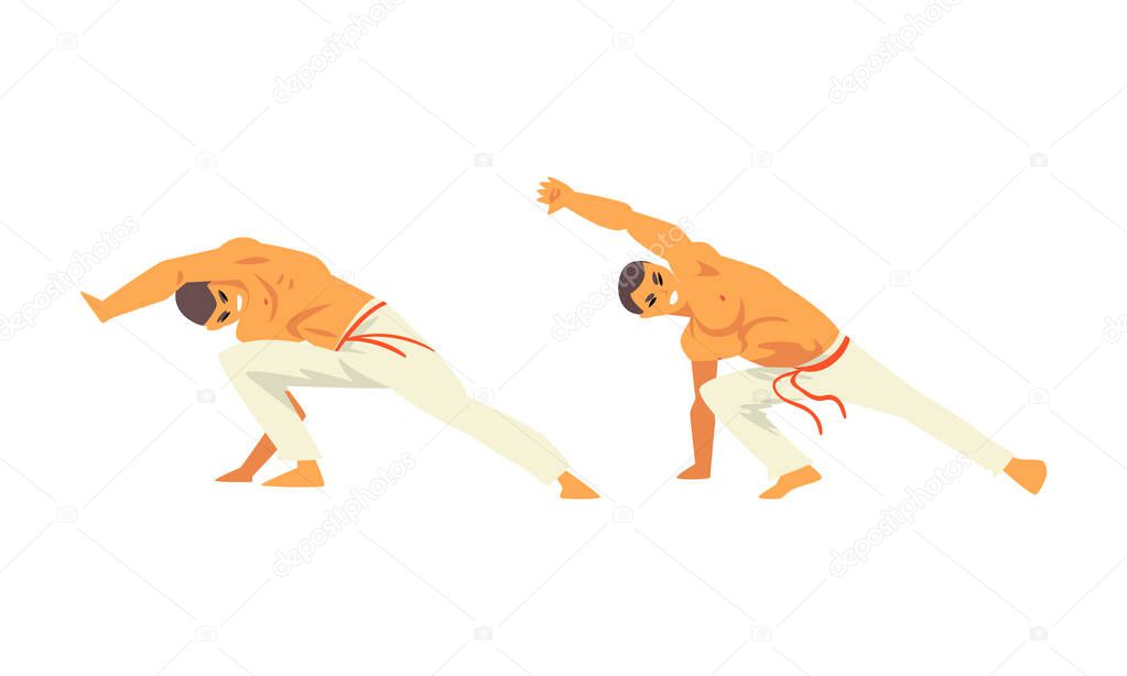 Young Male in White Pants and Naked Torso Doing Karate or Martial Art Vector Set