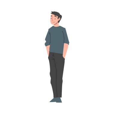 Gülümseyen Yüzle Duran Pozitif Adam Karakteri Mutluluk Duyuyor ve Yüce Ruh Vektör İllüzyonunda