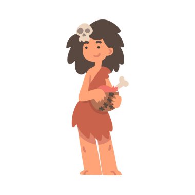 Taş Devri 'nden kalma İlkel Kadın Karakteri Et Vektörü İllüstrasyonlu Hayvan Derisi Tutma Kasesi Giyiyor