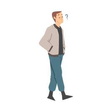 Thoughtful Man Character and Question Mark Thinking Over the Matter Vector Illustration clipart