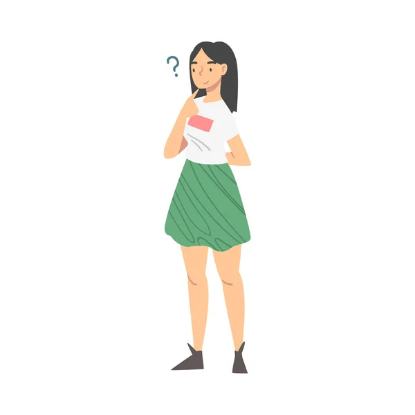 Personaje de la mujer morena reflexiva y signo de interrogación Pensando sobre la materia Vector ilustración — Vector de stock