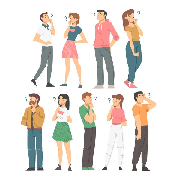 Thoughtful People Characters with Hands on Chin and Question Mark Thinking Over the Matter Vector Set — Stock Vector