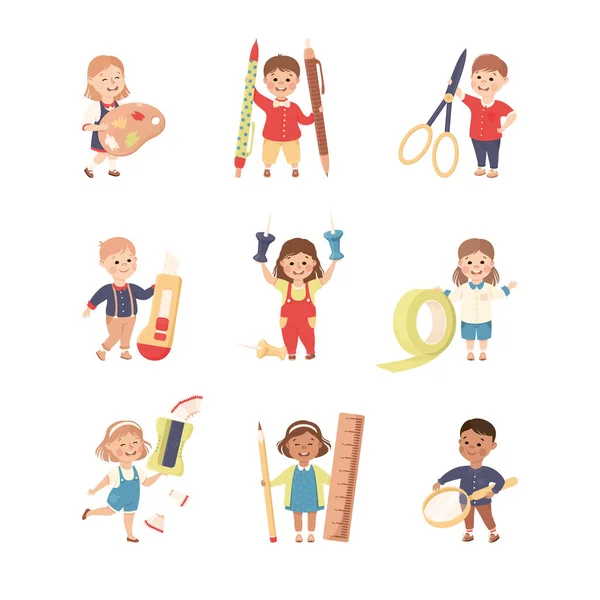 Cute Children with Huge School Stationery Like Palette and Scissors Vector Set — Stock Vector