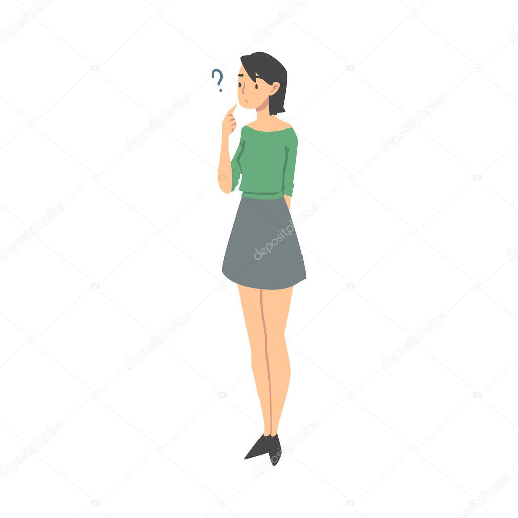 Thoughtful Woman Character and Question Mark Thinking Over the Matter Vector Illustration