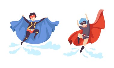 Süper Kahraman Pelerinli ve Maskeli Küçük Çocuk Süper Güç Uçan Vektör Kümesine sahip