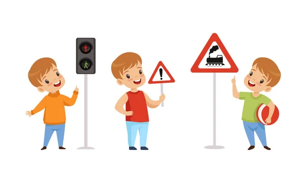 Little Boy Pedestrian Learning Road Sign and Traffic Rule Vector Set — Stock Vector