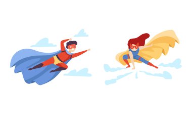 Süper Kahraman Pelerinli Kız ve Oğlan Süper Güç Uçan Vektör Seti Var