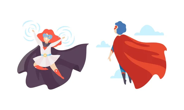 Little Boy and Girl in Superhero Cloak and Mask Having Superpower Flying Vector Set — Stock Vector