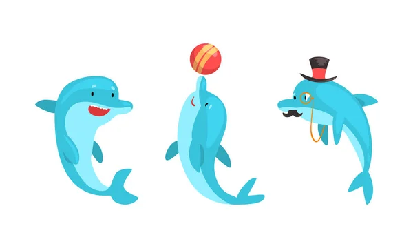Blue Dolphin Character Playing Ball and Wearing Top Hat and Mustache Vector Set — Stock Vector