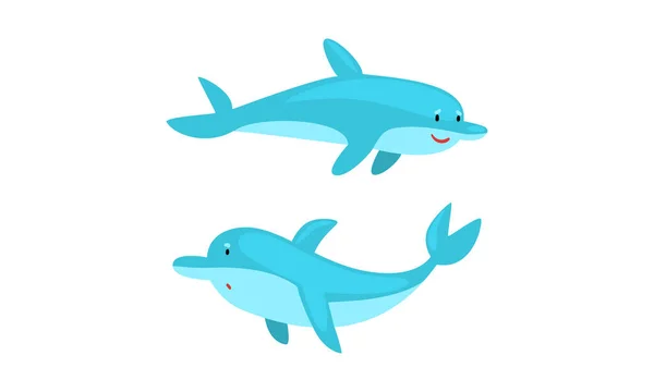 Blue Dolphin Character Swimming and Floating Deep in the Ocean Vector Set — Stock Vector