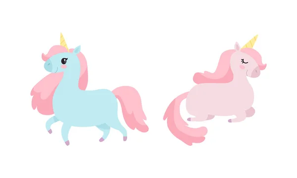 Carino Unicorno personaggio con corno a spirale a punta e Mane sonno e camminare insieme vettoriale — Vettoriale Stock