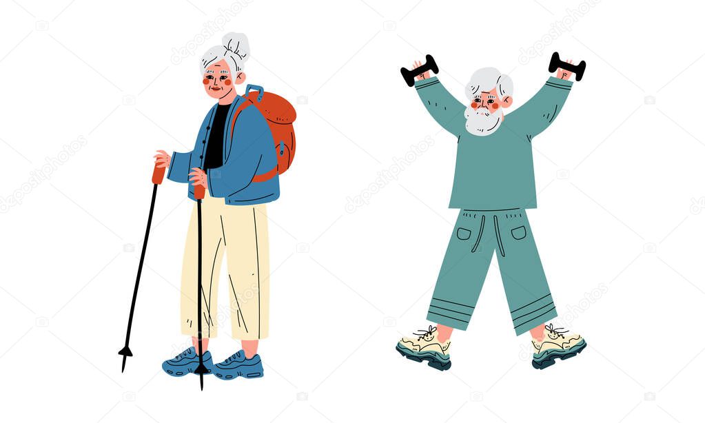 Senior Grey-haired Man Lifting Dumbbell and Woman with Backpack Pole Walking Vector Set