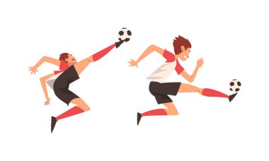 Çizmeli ve dizli genç adam futbol oynuyor ya da topu sahada hareket ettiriyor. Skor çizme vektörü.