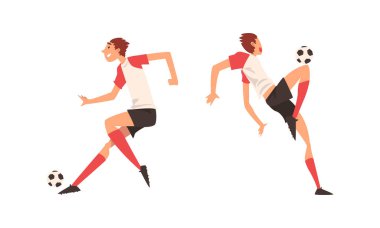 Çizmeli ve dizli genç adam futbol oynuyor ya da topu sahada hareket ettiriyor. Skor çizme vektörü.