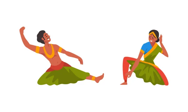 Young Man and Woman Indian Dancer med Bindi i tradisjonelle klær Dansevektorsett for framføring – stockvektor